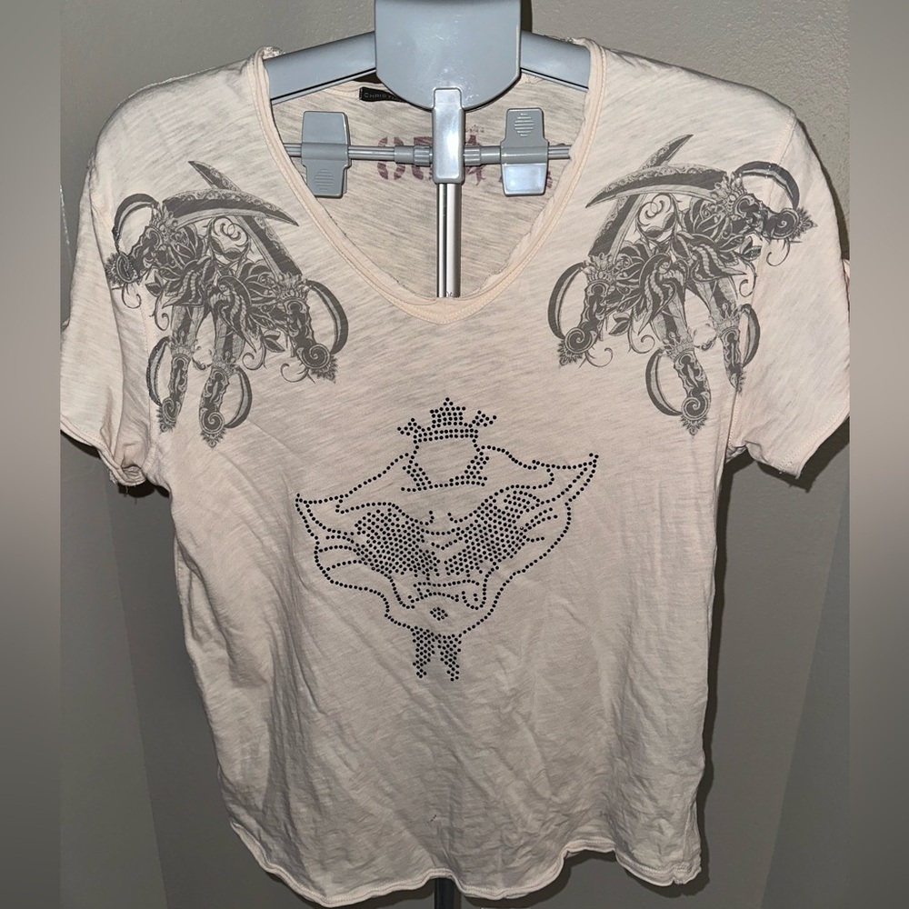 Christian Audigier Cream and Gray Graphic Tee
